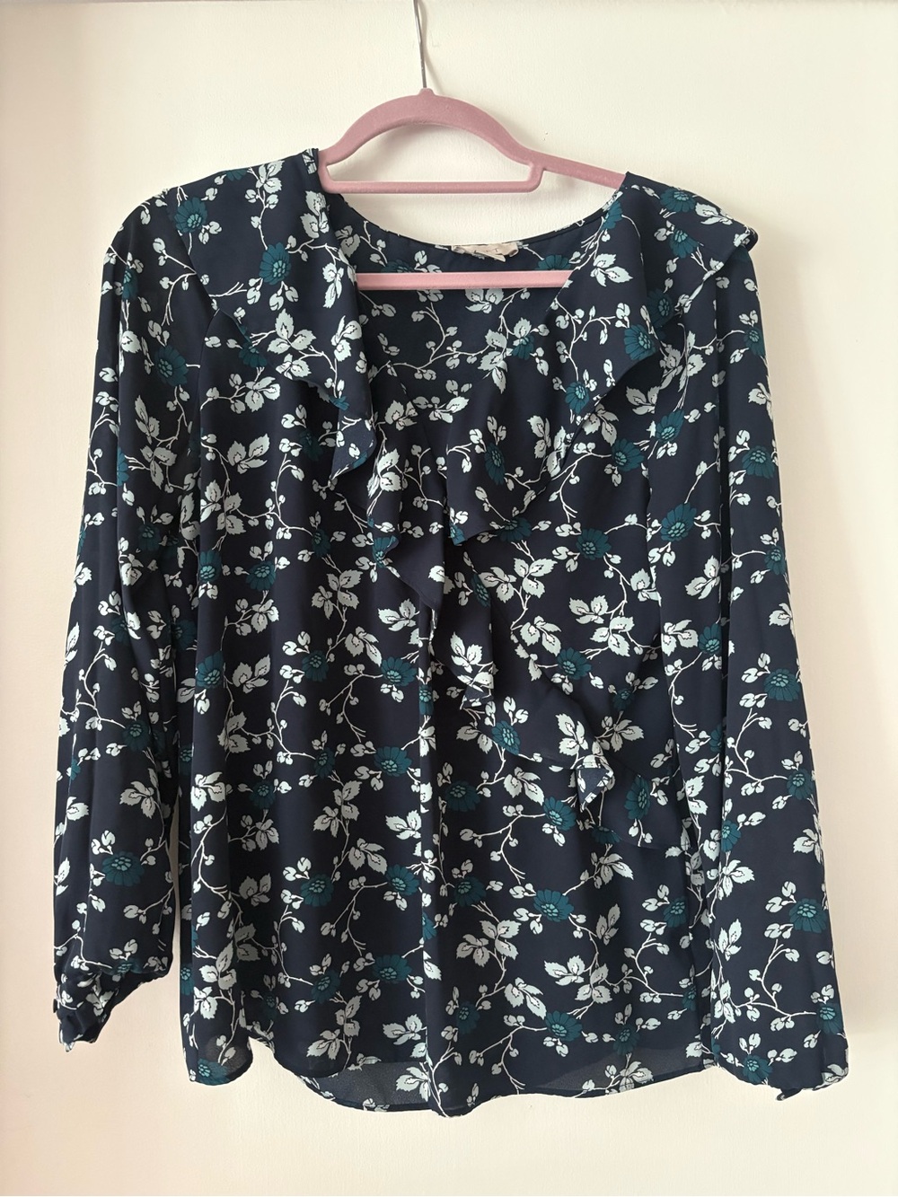 LOFT Navy Floral Twist-Front Blouse with Teal Accents